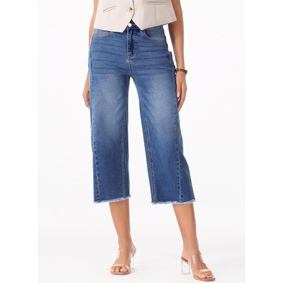 Women's High Waisted Wide Leg Capri Jeans Denim Raw Hem Side Seam Pants - Picture 4 of 9